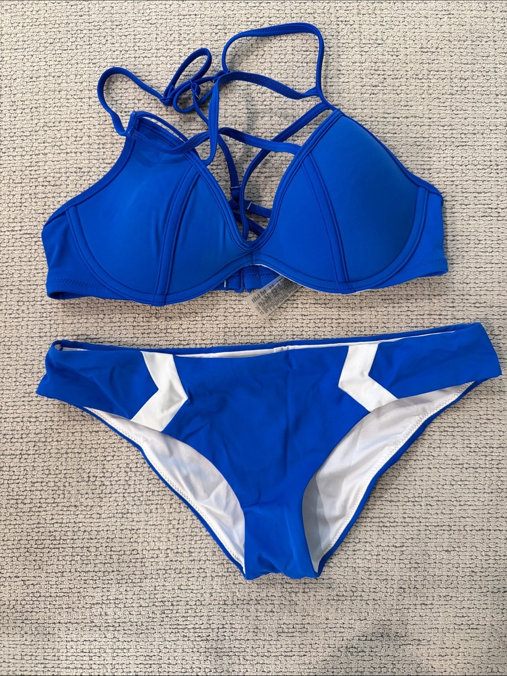 PINK Victoria's Secret Royal Blue Strappy Padded Bikini Set with White Accents